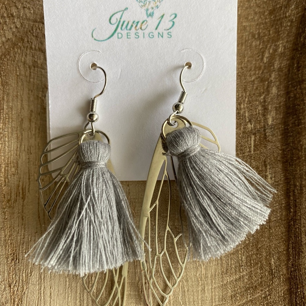 Gray Tassel Angel Wing Earrings